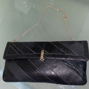Vintage Caprice Black Leather Clutch with Gold Chain Strap Retail $299